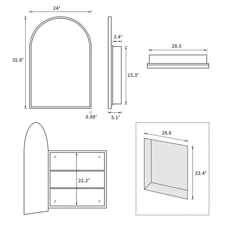 MAYEERTY 24 x 35.8in Modern Arch Bathroom Medicine Cabinets, Metal Framed Wall Mirror with Storage, White