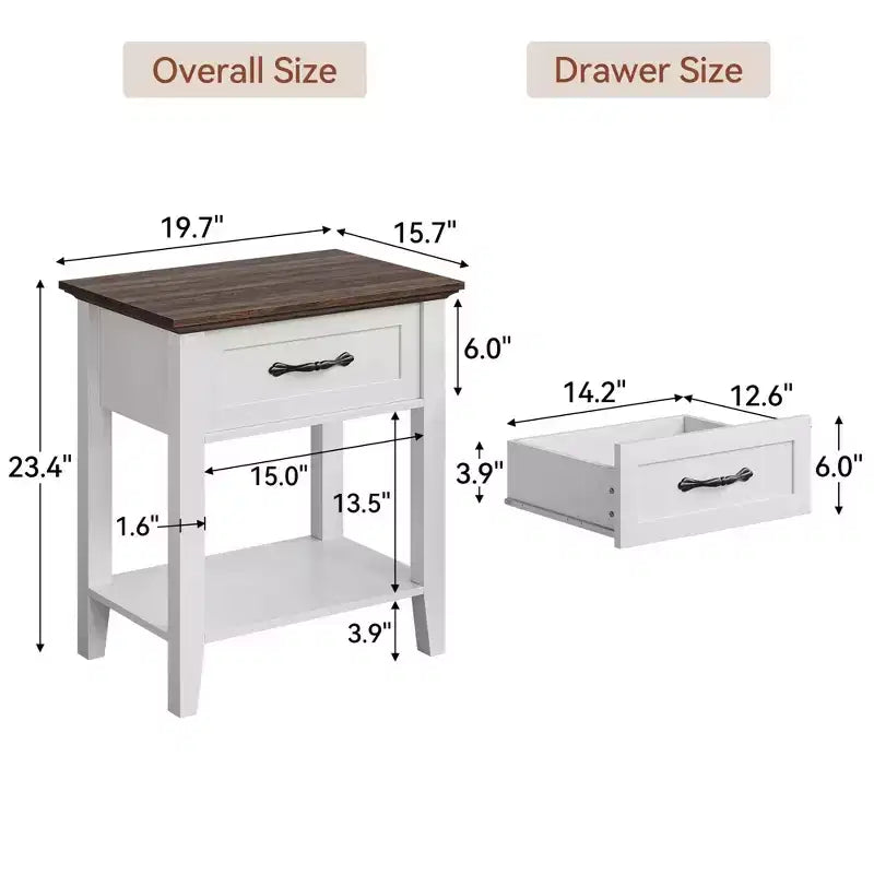 2PCS Nightstands, End Table with Drawer, Side Table for Living Room, 2 Tiers Storage Shelves Bedside Table for Study Room, Bedroom, Dorm, White