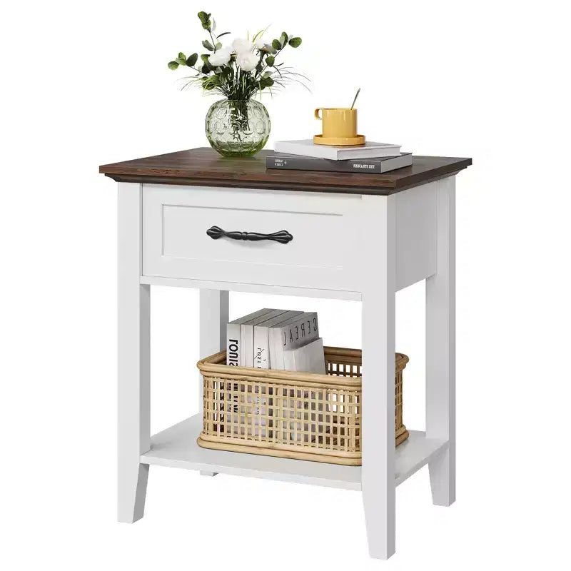 2PCS Nightstands, End Table with Drawer, Side Table for Living Room, 2 Tiers Storage Shelves Bedside Table for Study Room, Bedroom, Dorm, White