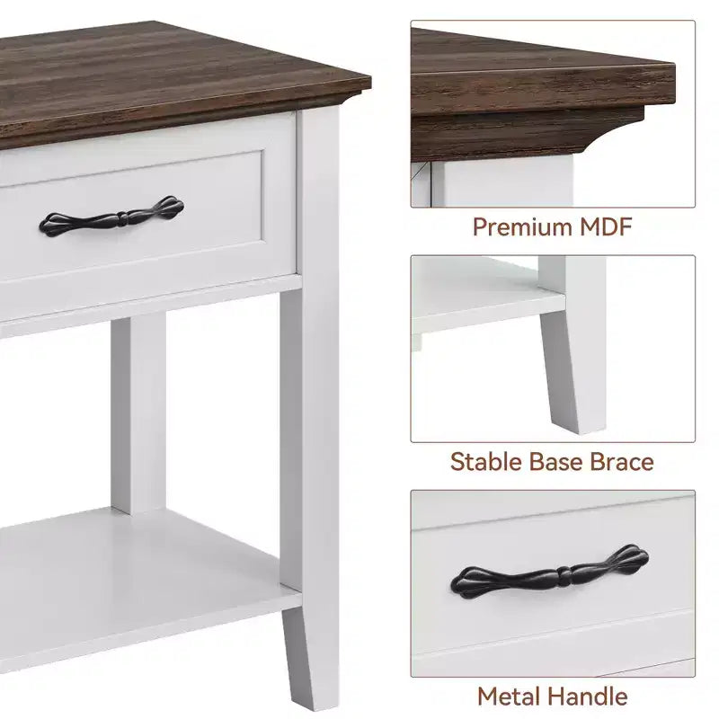 2PCS Nightstands, End Table with Drawer, Side Table for Living Room, 2 Tiers Storage Shelves Bedside Table for Study Room, Bedroom, Dorm, White