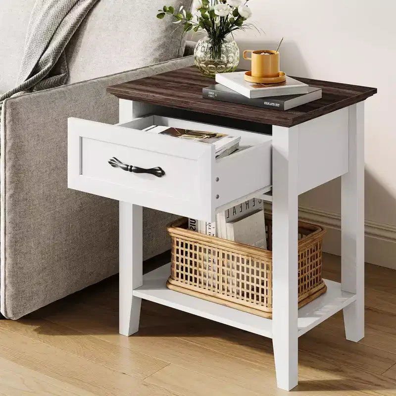 2PCS Nightstands, End Table with Drawer, Side Table for Living Room, 2 Tiers Storage Shelves Bedside Table for Study Room, Bedroom, Dorm, White