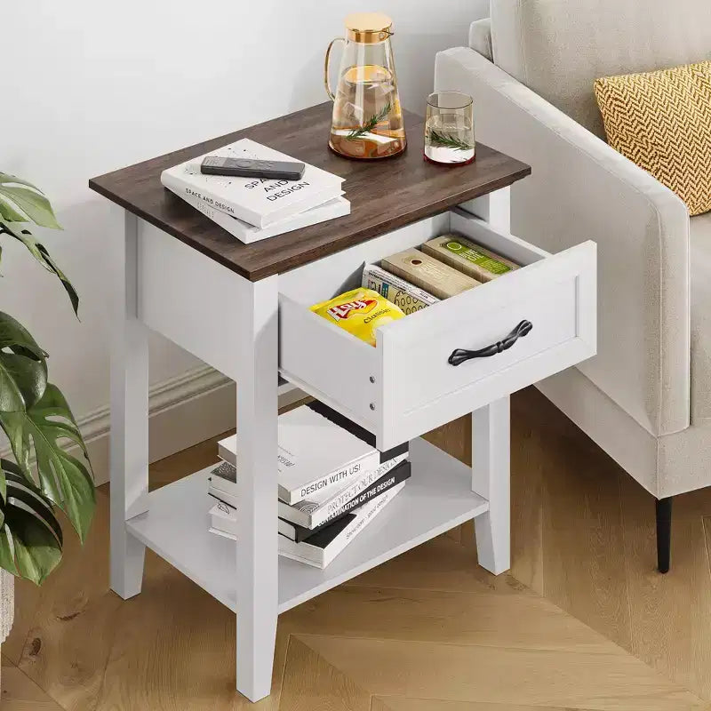 2PCS Nightstands, End Table with Drawer, Side Table for Living Room, 2 Tiers Storage Shelves Bedside Table for Study Room, Bedroom, Dorm, White