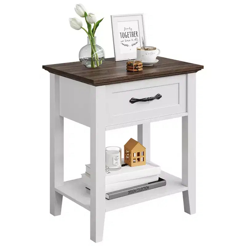 2PCS Nightstands, End Table with Drawer, Side Table for Living Room, 2 Tiers Storage Shelves Bedside Table for Study Room, Bedroom, Dorm, White