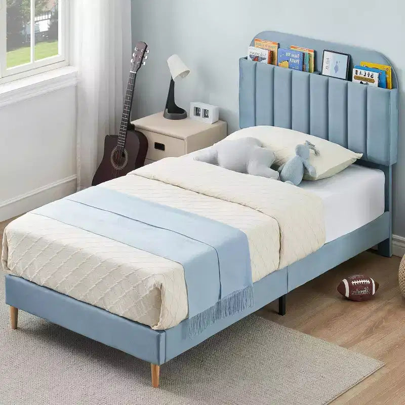Bed Frame with Storage Bookcase Headboard, Upholstered Platform Bed Frame Noise-Free, Easy Assembly, No Box Spring Needed