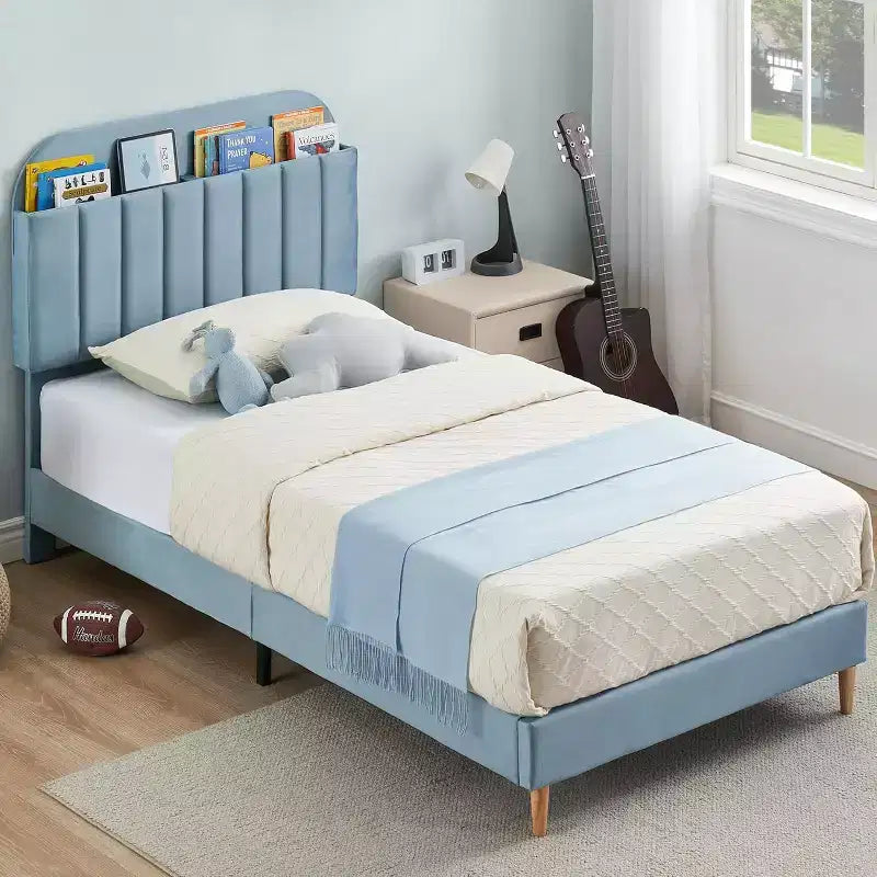 Bed Frame with Storage Bookcase Headboard, Upholstered Platform Bed Frame Noise-Free, Easy Assembly, No Box Spring Needed