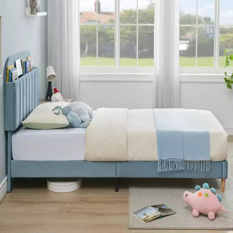 Bed Frame with Storage Bookcase Headboard, Upholstered Platform Bed Frame Noise-Free, Easy Assembly, No Box Spring Needed