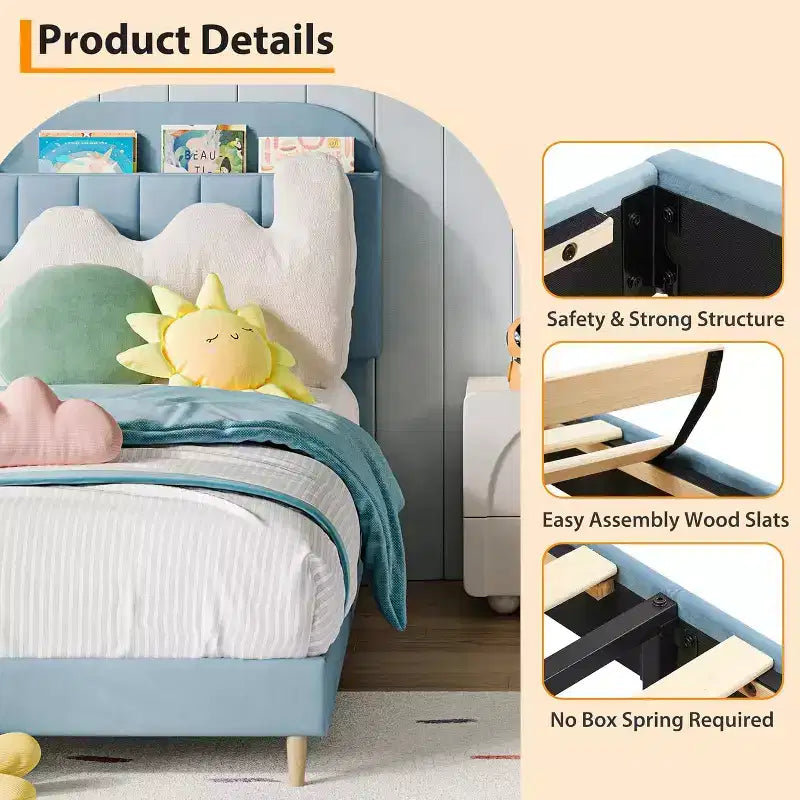 Bed Frame with Storage Bookcase Headboard, Upholstered Platform Bed Frame Noise-Free, Easy Assembly, No Box Spring Needed