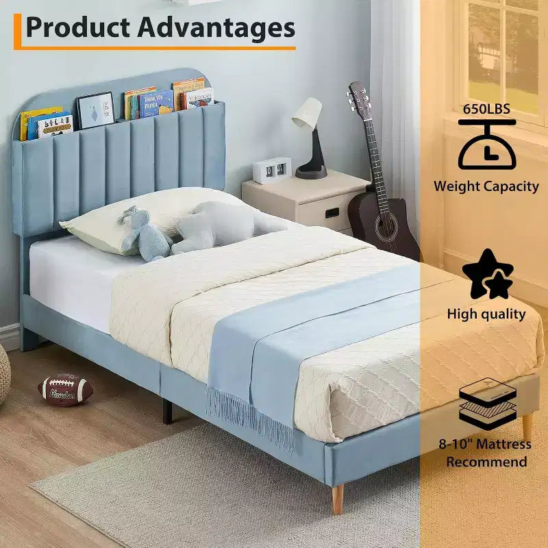 Bed Frame with Storage Bookcase Headboard, Upholstered Platform Bed Frame Noise-Free, Easy Assembly, No Box Spring Needed