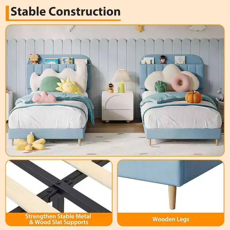 Bed Frame with Storage Bookcase Headboard, Upholstered Platform Bed Frame Noise-Free, Easy Assembly, No Box Spring Needed