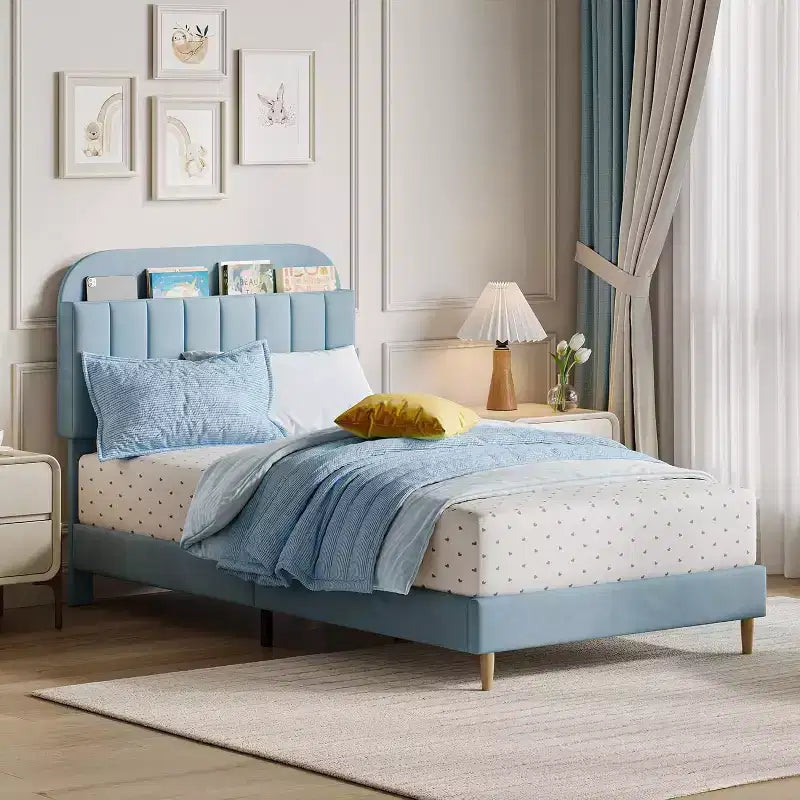 Bed Frame with Storage Bookcase Headboard, Upholstered Platform Bed Frame Noise-Free, Easy Assembly, No Box Spring Needed