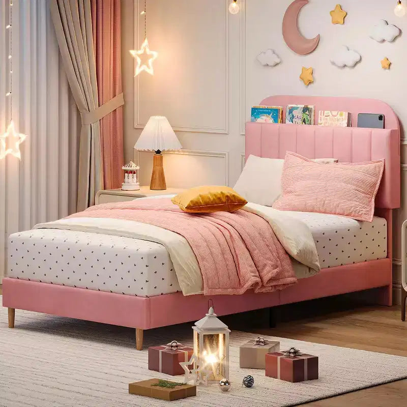 Bed Frame with Storage Bookcase Headboard, Upholstered Platform Bed Frame Noise-Free, Easy Assembly, No Box Spring Needed