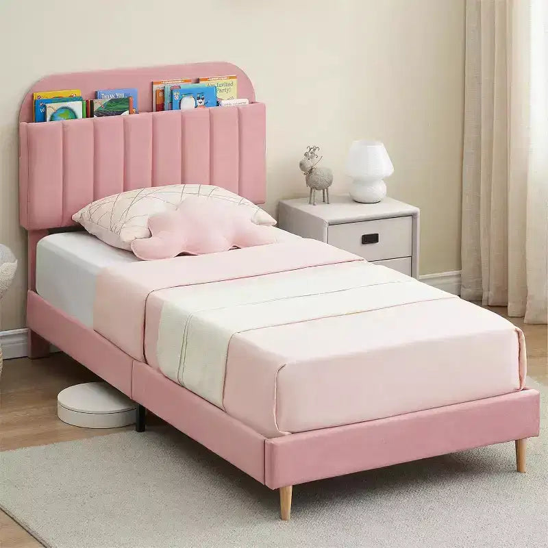 Bed Frame with Storage Bookcase Headboard, Upholstered Platform Bed Frame Noise-Free, Easy Assembly, No Box Spring Needed