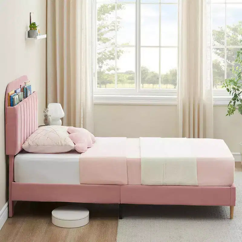 Bed Frame with Storage Bookcase Headboard, Upholstered Platform Bed Frame Noise-Free, Easy Assembly, No Box Spring Needed