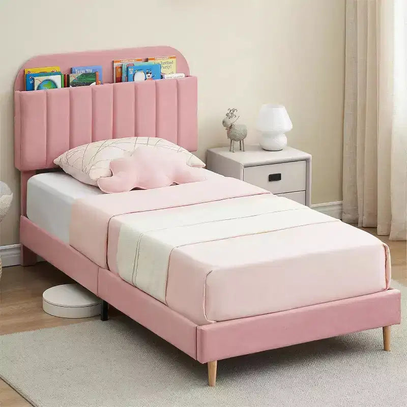 Bed Frame with Storage Bookcase Headboard, Upholstered Platform Bed Frame Noise-Free, Easy Assembly, No Box Spring Needed