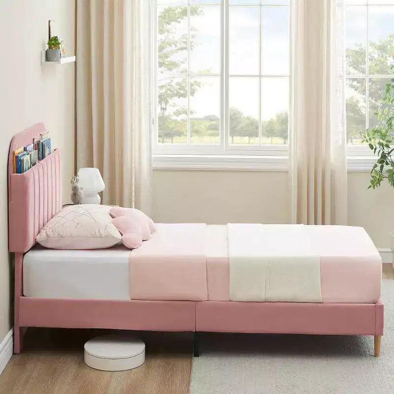 Bed Frame with Storage Bookcase Headboard, Upholstered Platform Bed Frame Noise-Free, Easy Assembly, No Box Spring Needed