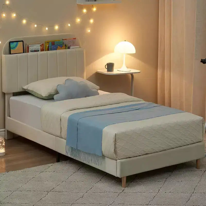 Bed Frame with Storage Bookcase Headboard, Upholstered Platform Bed Frame Noise-Free, Easy Assembly, No Box Spring Needed