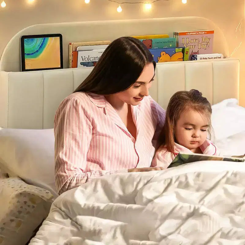 Bed Frame with Storage Bookcase Headboard, Upholstered Platform Bed Frame Noise-Free, Easy Assembly, No Box Spring Needed
