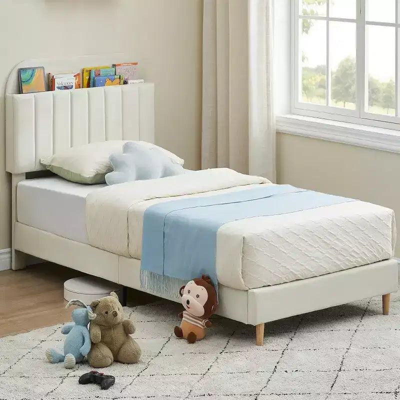 Bed Frame with Storage Bookcase Headboard, Upholstered Platform Bed Frame Noise-Free, Easy Assembly, No Box Spring Needed