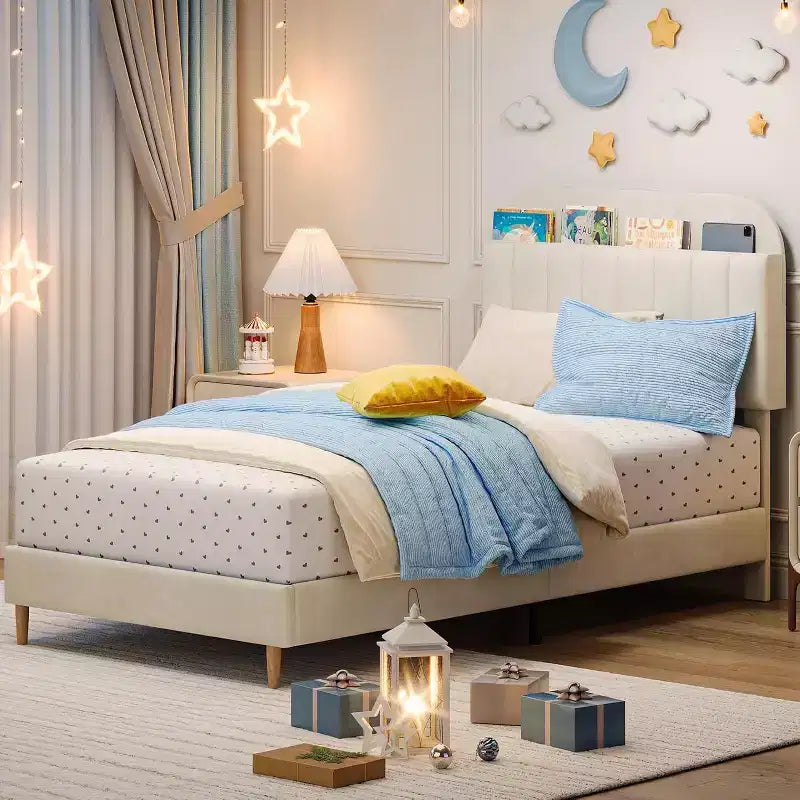 Bed Frame with Storage Bookcase Headboard, Upholstered Platform Bed Frame Noise-Free, Easy Assembly, No Box Spring Needed