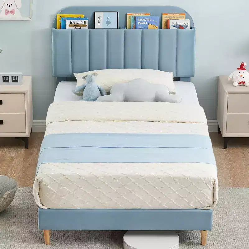 Bed Frame with Storage Bookcase Headboard, Upholstered Platform Bed Frame Noise-Free, Easy Assembly, No Box Spring Needed