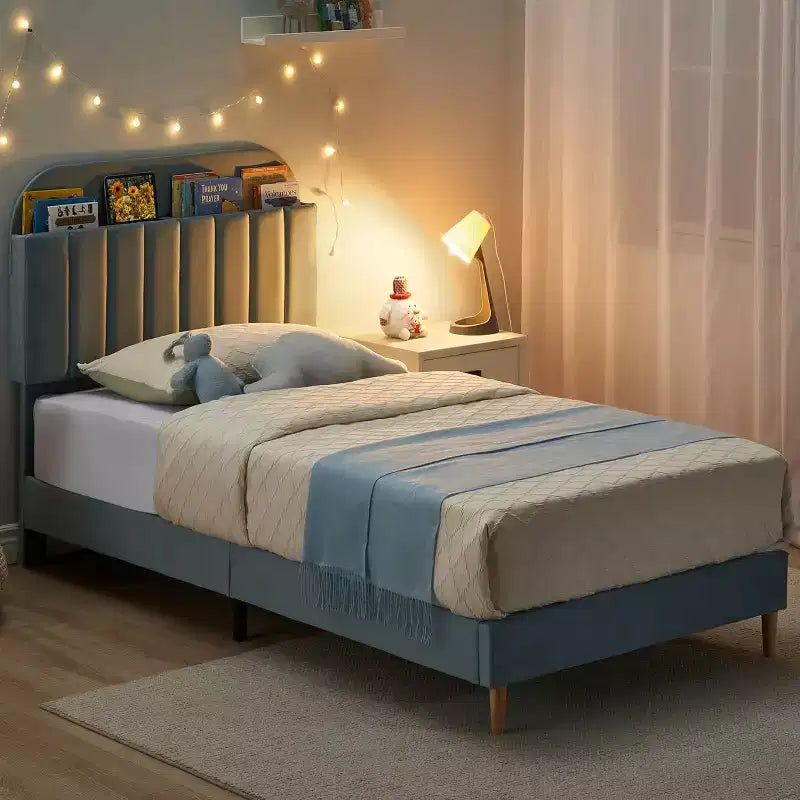 Bed Frame with Storage Bookcase Headboard, Upholstered Platform Bed Frame Noise-Free, Easy Assembly, No Box Spring Needed