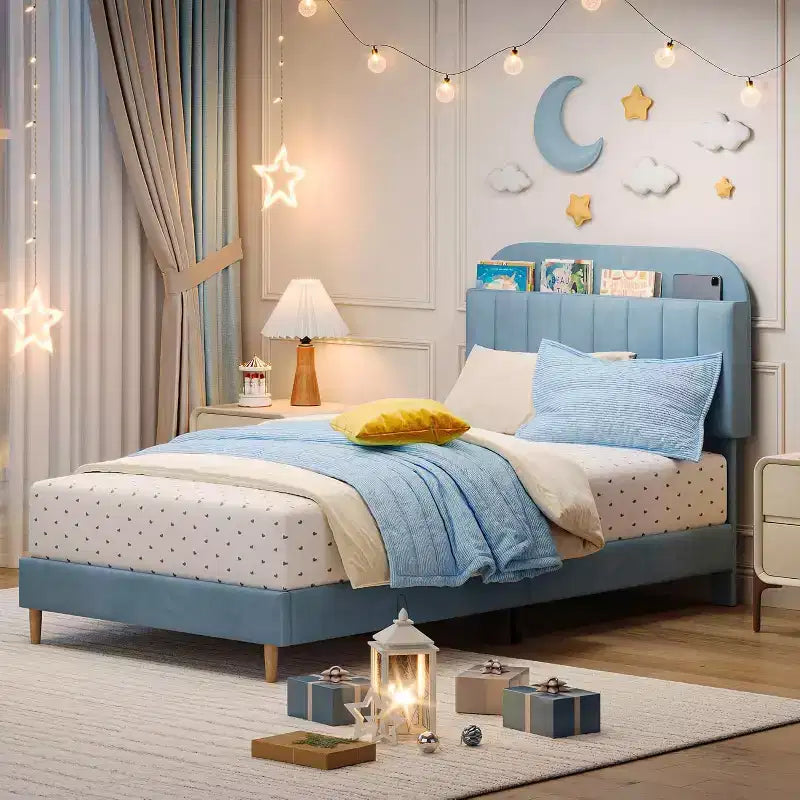 Bed Frame with Storage Bookcase Headboard, Upholstered Platform Bed Frame Noise-Free, Easy Assembly, No Box Spring Needed