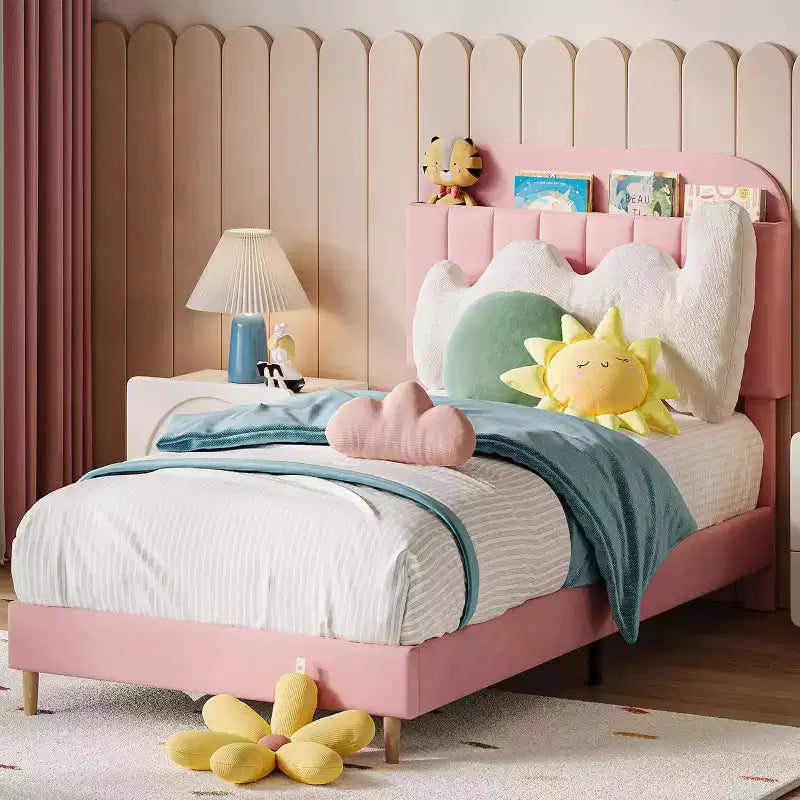 Bed Frame with Storage Bookcase Headboard, Upholstered Platform Bed Frame Noise-Free, Easy Assembly, No Box Spring Needed