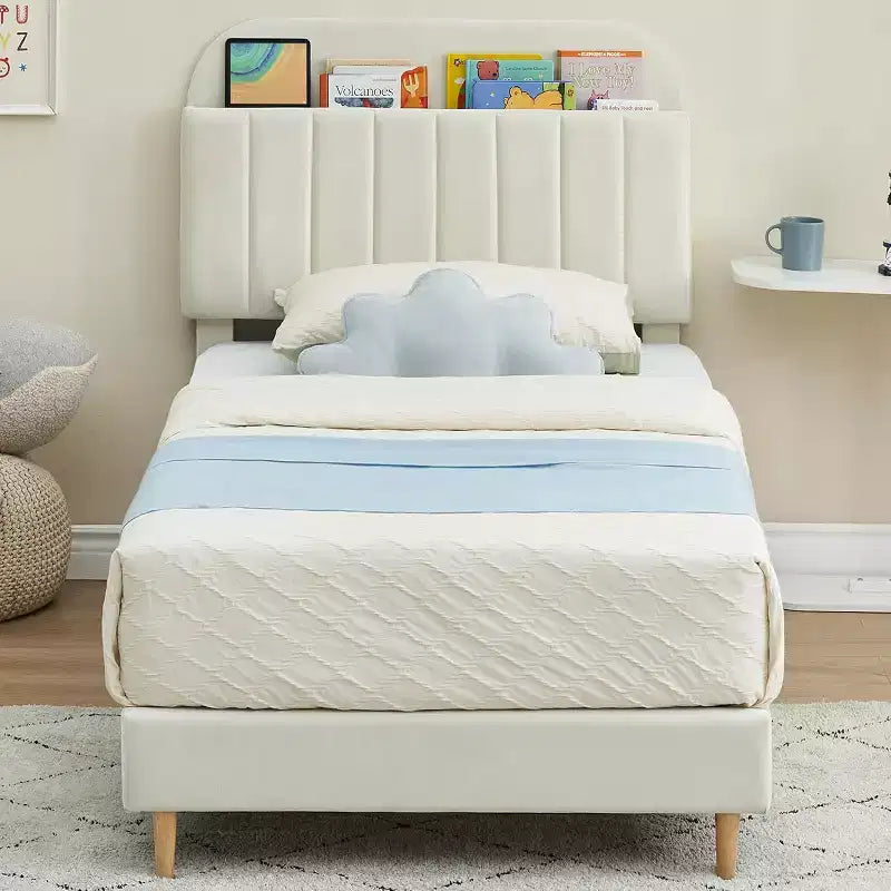 Bed Frame with Storage Bookcase Headboard, Upholstered Platform Bed Frame Noise-Free, Easy Assembly, No Box Spring Needed