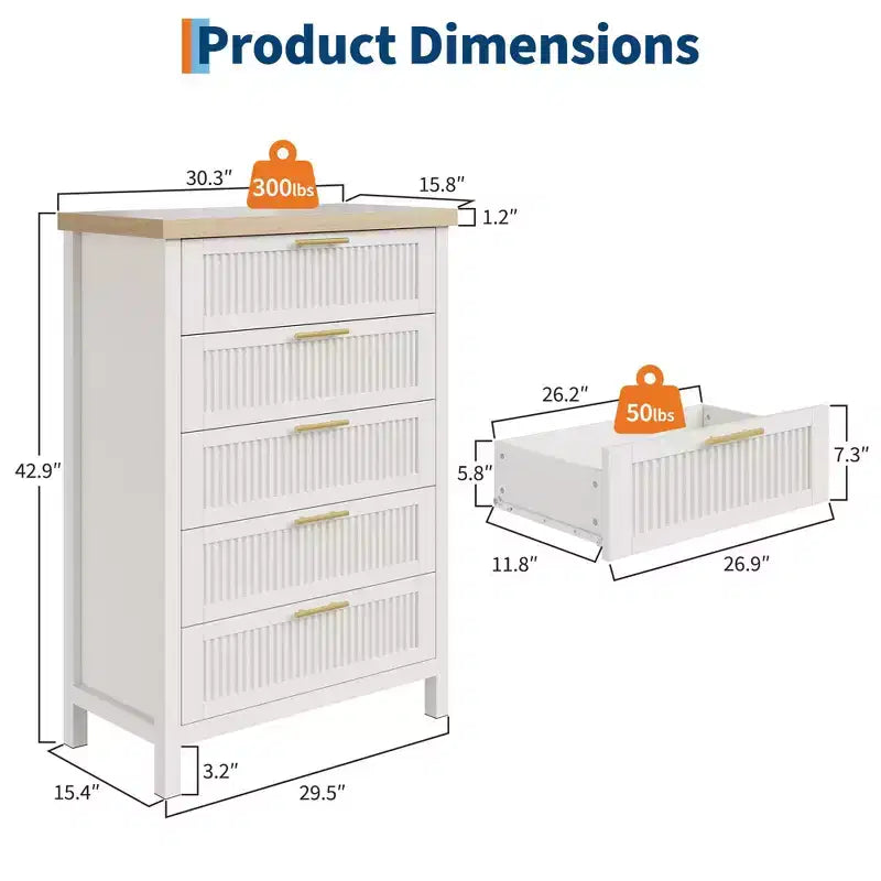 5 Drawer Dresser for Bedroom, 45'' Tall Wooden Chest of Drawers with Metal Handles, Dresser Narrow Nightstand, Fluted Clothes Storage Organizer