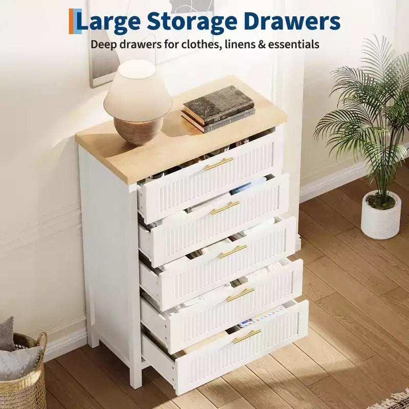 5 Drawer Dresser for Bedroom, 45'' Tall Wooden Chest of Drawers with Metal Handles, Dresser Narrow Nightstand, Fluted Clothes Storage Organizer