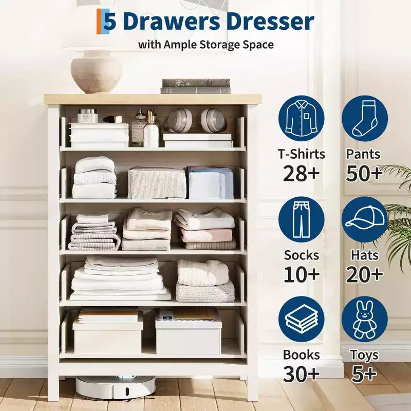 5 Drawer Dresser for Bedroom, 45'' Tall Wooden Chest of Drawers with Metal Handles, Dresser Narrow Nightstand, Fluted Clothes Storage Organizer