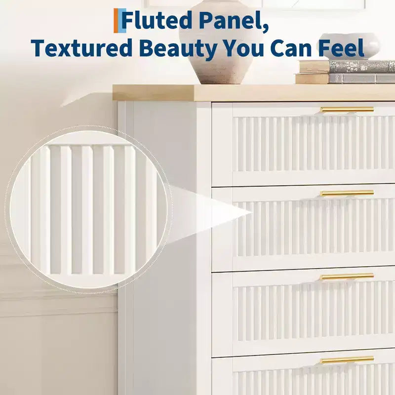 5 Drawer Dresser for Bedroom, 45'' Tall Wooden Chest of Drawers with Metal Handles, Dresser Narrow Nightstand, Fluted Clothes Storage Organizer