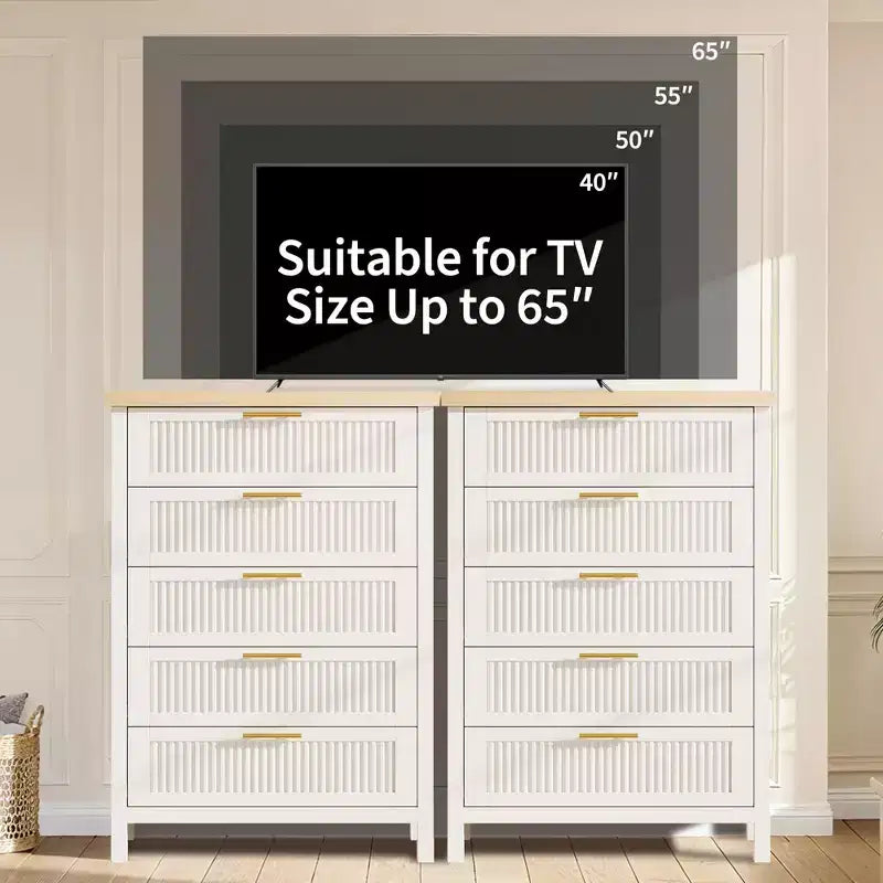 5 Drawer Dresser for Bedroom, 45'' Tall Wooden Chest of Drawers with Metal Handles, Dresser Narrow Nightstand, Fluted Clothes Storage Organizer