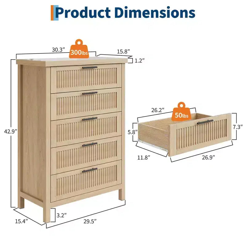 5 Drawer Dresser for Bedroom, 45'' Tall Wooden Chest of Drawers with Metal Handles, Dresser Narrow Nightstand, Fluted Clothes Storage Organizer