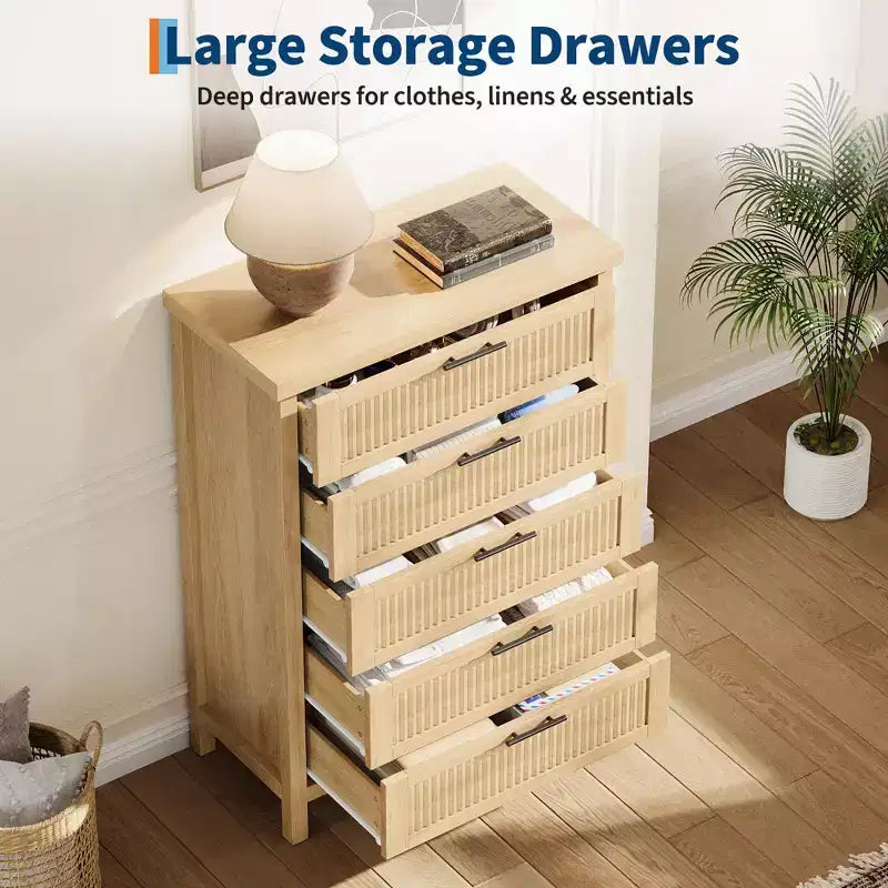 5 Drawer Dresser for Bedroom, 45'' Tall Wooden Chest of Drawers with Metal Handles, Dresser Narrow Nightstand, Fluted Clothes Storage Organizer