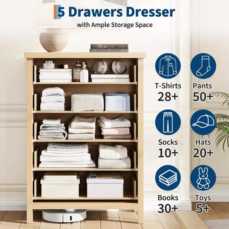 5 Drawer Dresser for Bedroom, 45'' Tall Wooden Chest of Drawers with Metal Handles, Dresser Narrow Nightstand, Fluted Clothes Storage Organizer