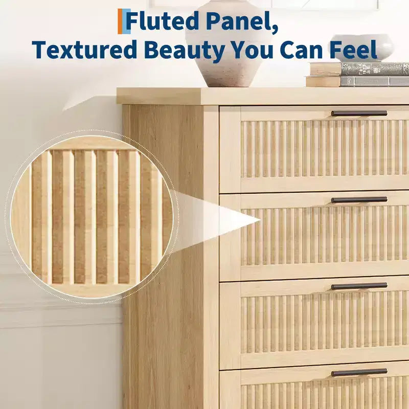 5 Drawer Dresser for Bedroom, 45'' Tall Wooden Chest of Drawers with Metal Handles, Dresser Narrow Nightstand, Fluted Clothes Storage Organizer