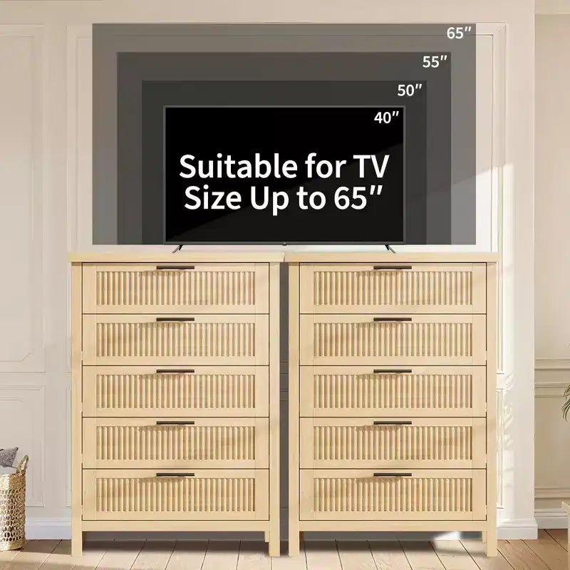 5 Drawer Dresser for Bedroom, 45'' Tall Wooden Chest of Drawers with Metal Handles, Dresser Narrow Nightstand, Fluted Clothes Storage Organizer