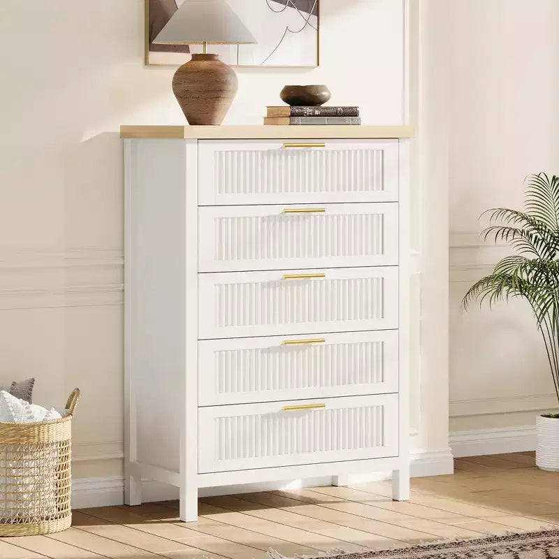 5 Drawer Dresser for Bedroom, 45'' Tall Wooden Chest of Drawers with Metal Handles, Dresser Narrow Nightstand, Fluted Clothes Storage Organizer