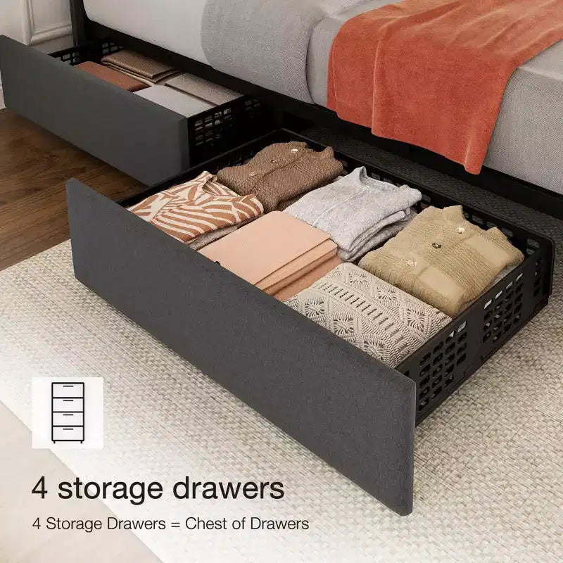 Bed Frame, Platform Bed - Full Size with 4 Storage Drawers, Adjustable Height Headboard, Linen Upholstered, No Box Spring Needed (Grey)