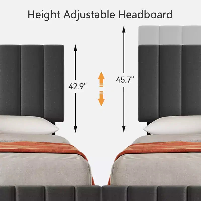 Bed Frame, Platform Bed - Full Size with 4 Storage Drawers, Adjustable Height Headboard, Linen Upholstered, No Box Spring Needed (Grey)