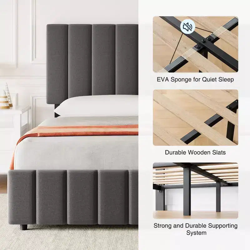 Bed Frame, Platform Bed - Full Size with 4 Storage Drawers, Adjustable Height Headboard, Linen Upholstered, No Box Spring Needed (Grey)