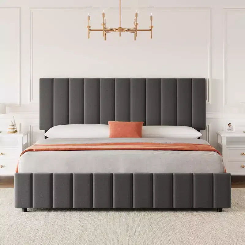 Bed Frame, Platform Bed - Full Size with 4 Storage Drawers, Adjustable Height Headboard, Linen Upholstered, No Box Spring Needed (Grey)