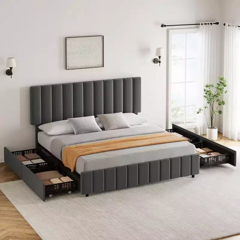 Bed Frame, Platform Bed - Full Size with 4 Storage Drawers, Adjustable Height Headboard, Linen Upholstered, No Box Spring Needed (Grey)