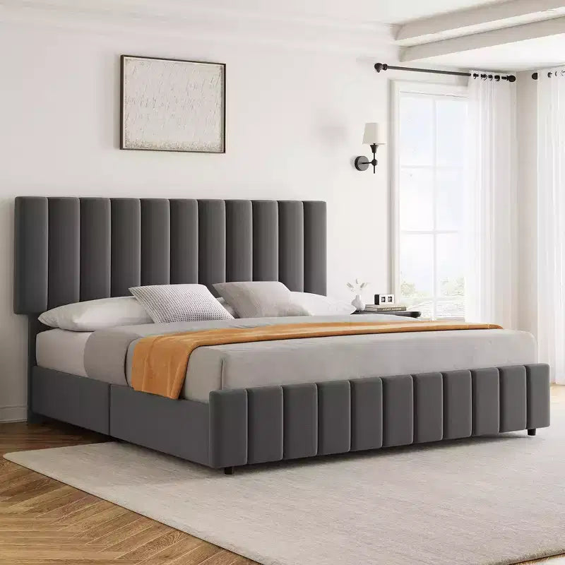 Bed Frame, Platform Bed - Full Size with 4 Storage Drawers, Adjustable Height Headboard, Linen Upholstered, No Box Spring Needed (Grey)