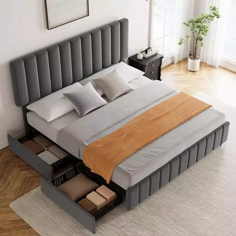 Bed Frame, Platform Bed - Full Size with 4 Storage Drawers, Adjustable Height Headboard, Linen Upholstered, No Box Spring Needed (Grey)