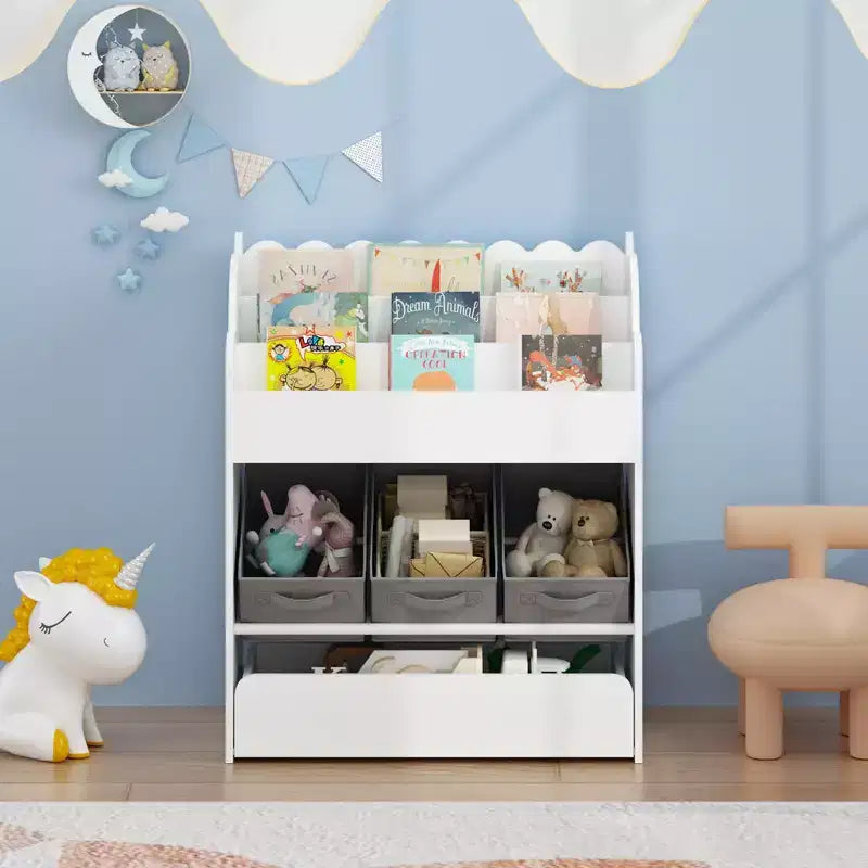 Kids Bookshelf with Storage Bins and Drawer, Multi-Functional Wooden Book Organizer for Toddlers, White Bookcase for Toys, Books and Nursery Room