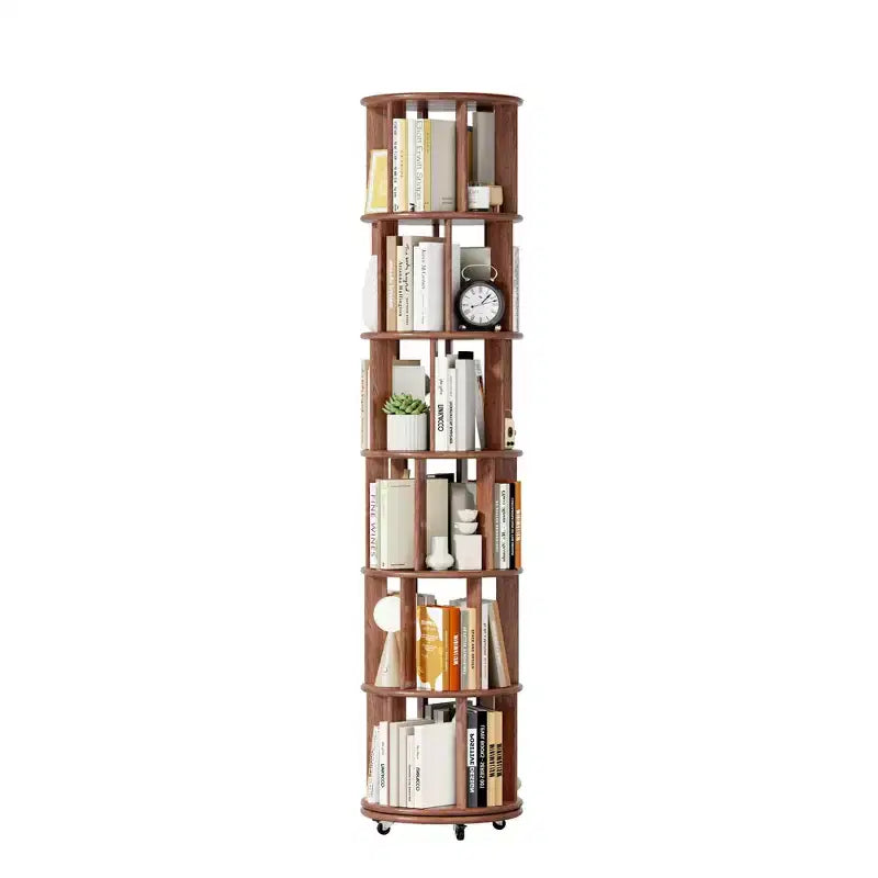 Okak 360 Rotating Bookshelf with Wheels, Solid Wood Narrow Bookcase with 6-Tier, Display Case for Living Room, Office, Bedroom, Walnut
