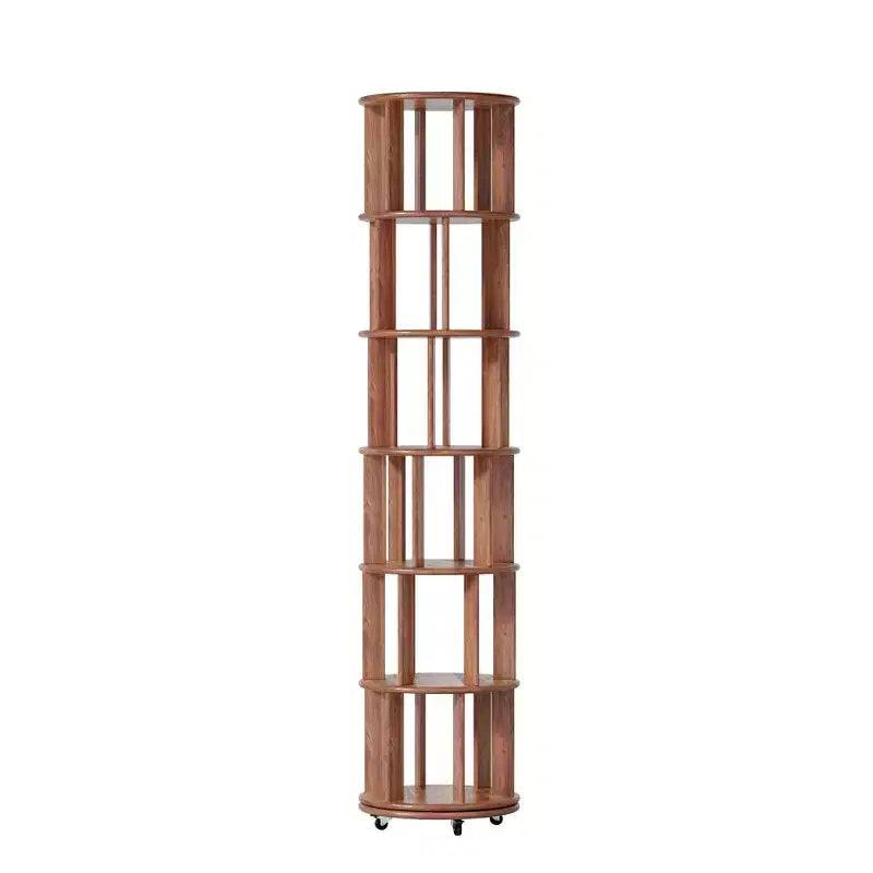 Okak 360 Rotating Bookshelf with Wheels, Solid Wood Narrow Bookcase with 6-Tier, Display Case for Living Room, Office, Bedroom, Walnut