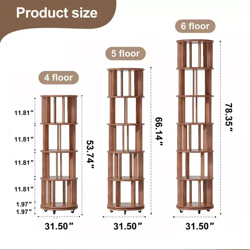 Okak 360 Rotating Bookshelf with Wheels, Solid Wood Narrow Bookcase with 6-Tier, Display Case for Living Room, Office, Bedroom, Walnut